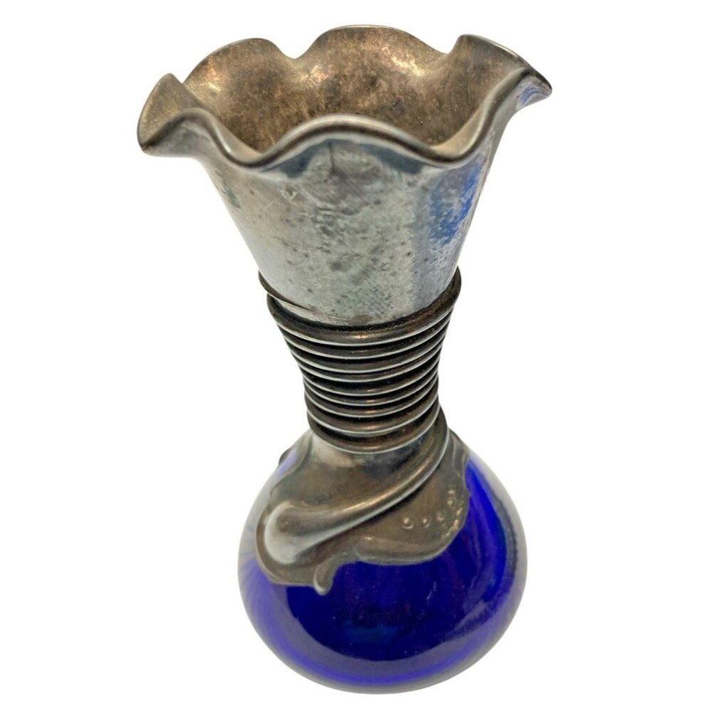 Vintage Cobalt Blue Glass Bud Vase Pewter Wrap Metal Art Nouveau Scalloped 5”